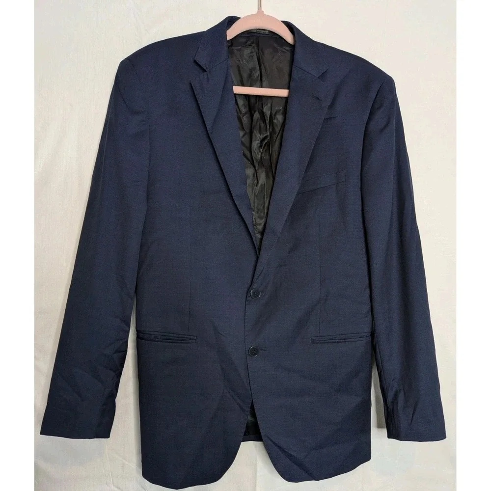Calvin Klein Extreme‎ Slim Fit Mens Navy Plaid Wool Sport Coat Blazer 44R